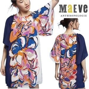 Anthropologie Maeve Vero Silk Flower Botanical Short Sleeve Color Block Dress SP